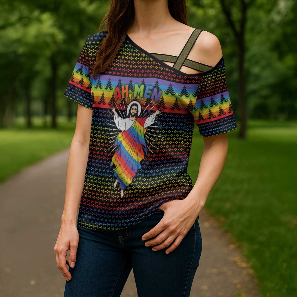 Rainbow Jesus Ah Men Christmas Cross Shoulder Shirt with Colorful Stripes and Holiday Pattern - Wonder Print Shop