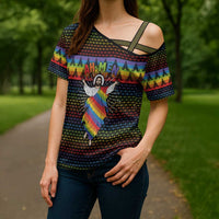 Rainbow Jesus Ah Men Christmas Cross Shoulder Shirt with Colorful Stripes and Holiday Pattern - Wonder Print Shop
