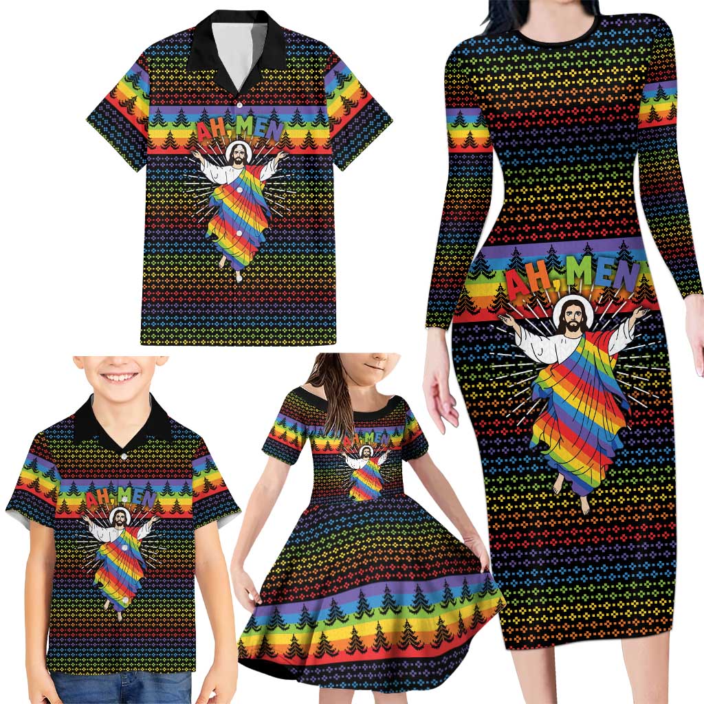 Rainbow Jesus Ah Men Christmas Family Matching Long Sleeve Bodycon Dress and Hawaiian Shirt with Colorful Stripes and Holiday Pattern - Wonder Print Shop