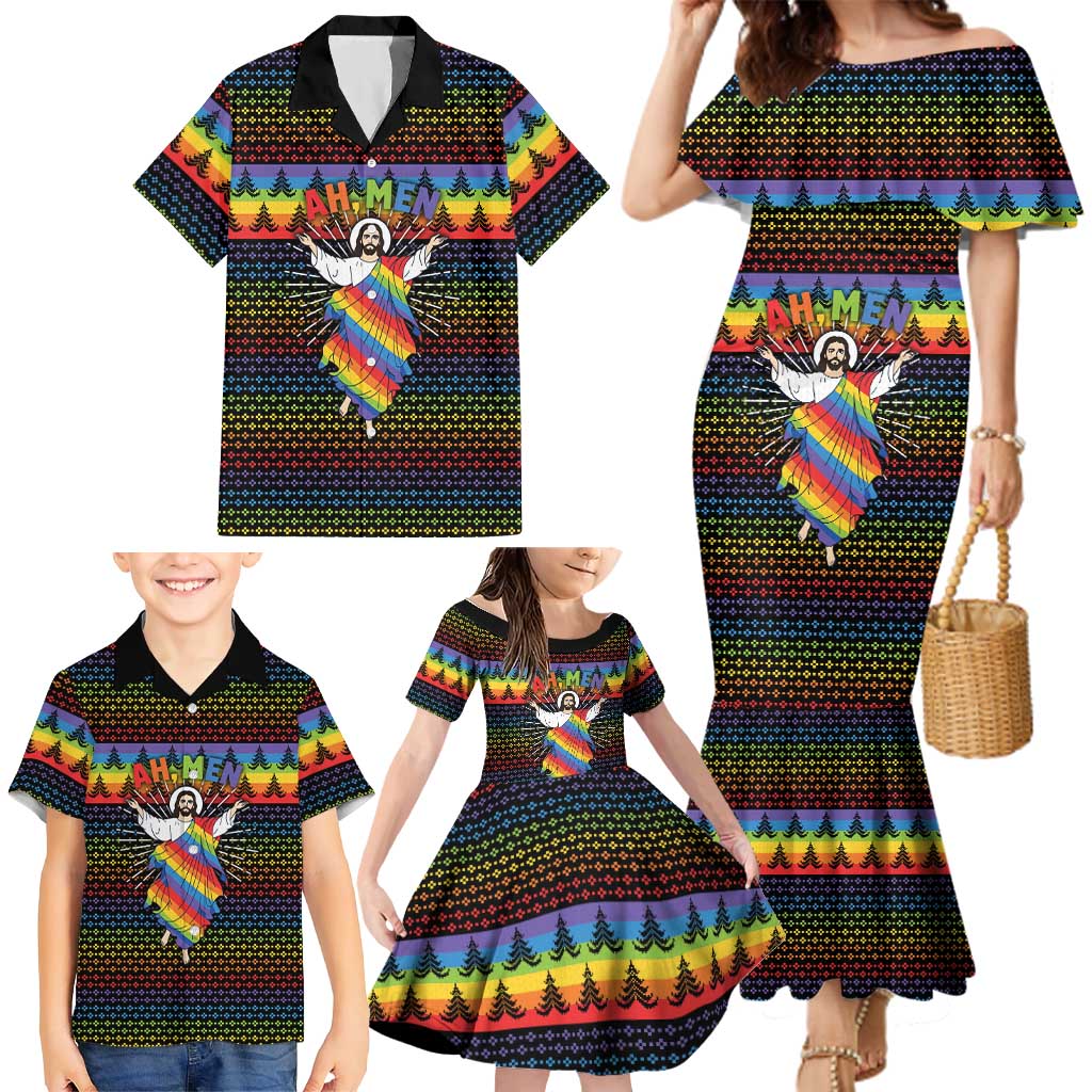 Rainbow Jesus Ah Men Christmas Family Matching Mermaid Dress and Hawaiian Shirt with Colorful Stripes and Holiday Pattern - Wonder Print Shop