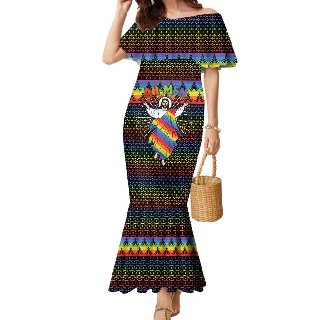 Rainbow Jesus Ah Men Christmas Family Matching Mermaid Dress and Hawaiian Shirt with Colorful Stripes and Holiday Pattern - Wonder Print Shop