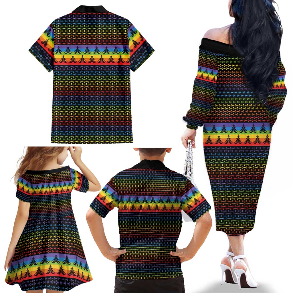 Rainbow Jesus Ah Men Christmas Family Matching Off The Shoulder Long Sleeve Dress and Hawaiian Shirt with Colorful Stripes and Holiday Pattern - Wonder Print Shop