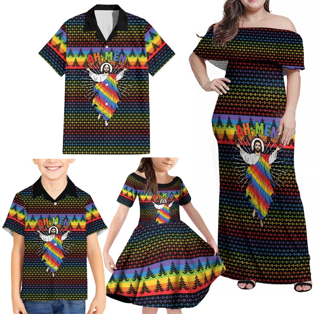 Rainbow Jesus Ah Men Christmas Family Matching Off Shoulder Maxi Dress and Hawaiian Shirt with Colorful Stripes and Holiday Pattern - Wonder Print Shop
