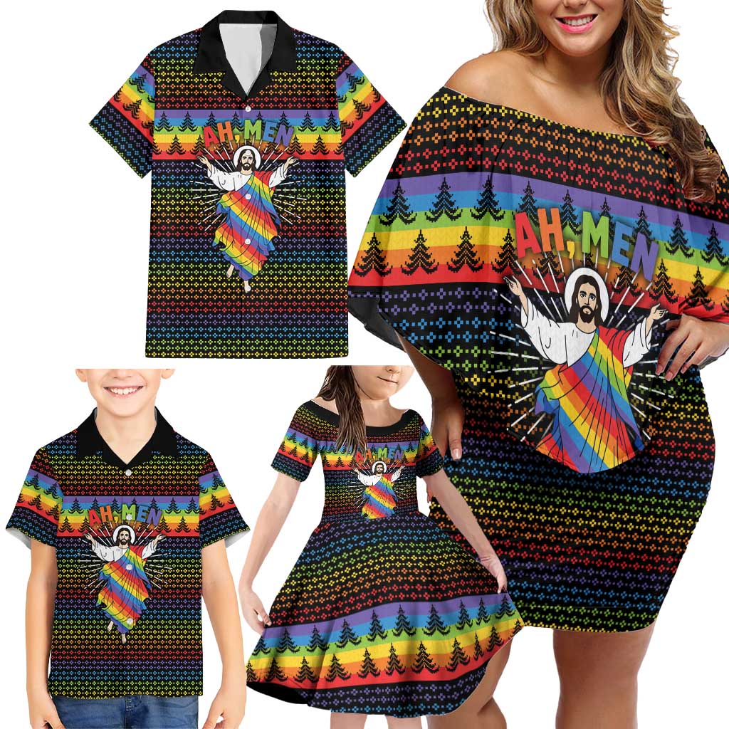 Rainbow Jesus Ah Men Christmas Family Matching Off Shoulder Short Dress and Hawaiian Shirt with Colorful Stripes and Holiday Pattern - Wonder Print Shop