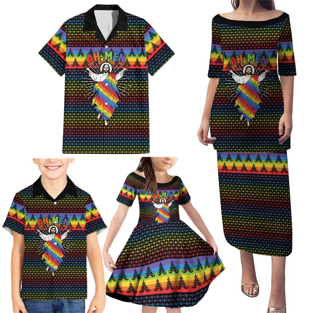 Rainbow Jesus Ah Men Christmas Family Matching Puletasi and Hawaiian Shirt with Colorful Stripes and Holiday Pattern - Wonder Print Shop