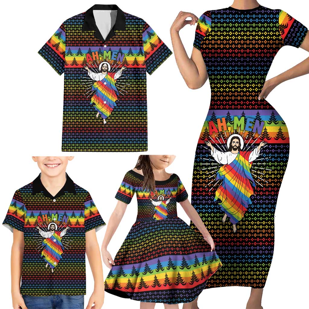 Rainbow Jesus Ah Men Christmas Family Matching Short Sleeve Bodycon Dress and Hawaiian Shirt with Colorful Stripes and Holiday Pattern - Wonder Print Shop