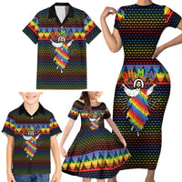 Rainbow Jesus Ah Men Christmas Family Matching Short Sleeve Bodycon Dress and Hawaiian Shirt with Colorful Stripes and Holiday Pattern - Wonder Print Shop
