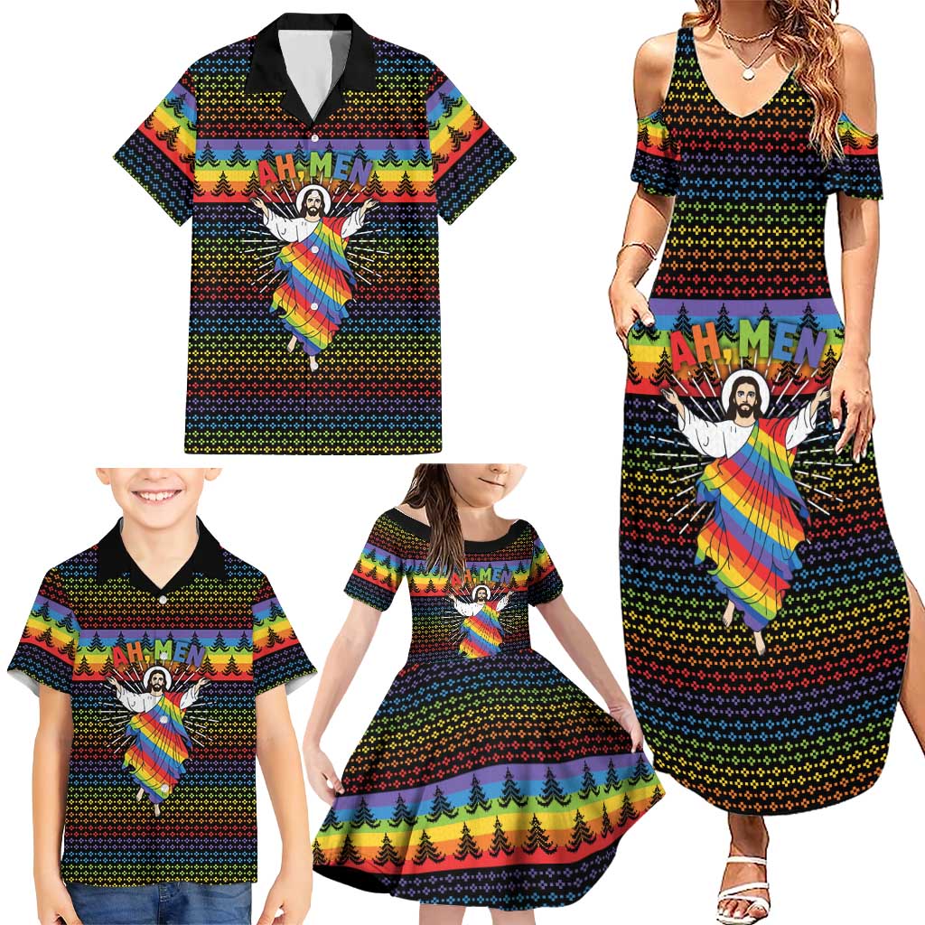 Rainbow Jesus Ah Men Christmas Family Matching Summer Maxi Dress and Hawaiian Shirt with Colorful Stripes and Holiday Pattern - Wonder Print Shop