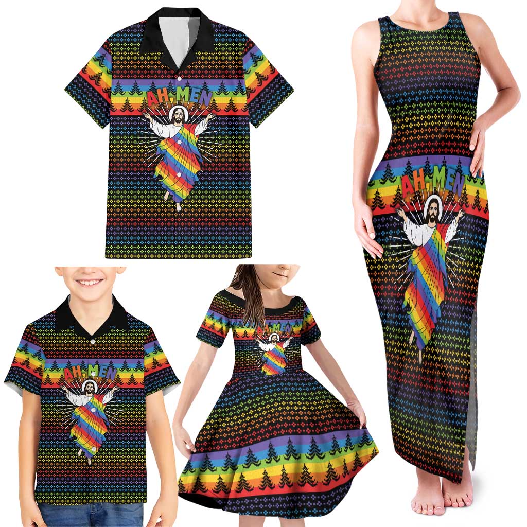 Rainbow Jesus Ah Men Christmas Family Matching Tank Maxi Dress and Hawaiian Shirt with Colorful Stripes and Holiday Pattern - Wonder Print Shop