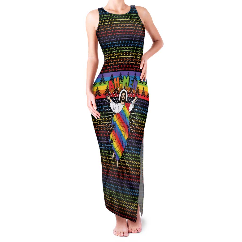 Rainbow Jesus Ah Men Christmas Family Matching Tank Maxi Dress and Hawaiian Shirt with Colorful Stripes and Holiday Pattern - Wonder Print Shop