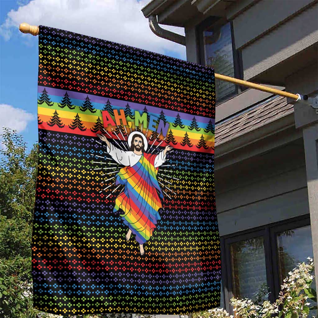 Rainbow Jesus Ah Men Christmas Garden Flag with Colorful Stripes and Holiday Pattern - Wonder Print Shop