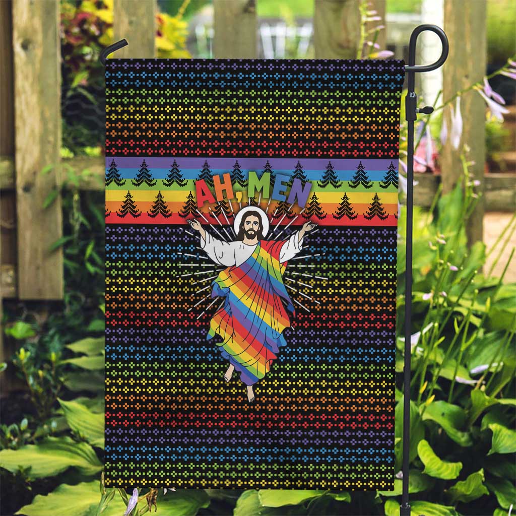 Rainbow Jesus Ah Men Christmas Garden Flag with Colorful Stripes and Holiday Pattern - Wonder Print Shop