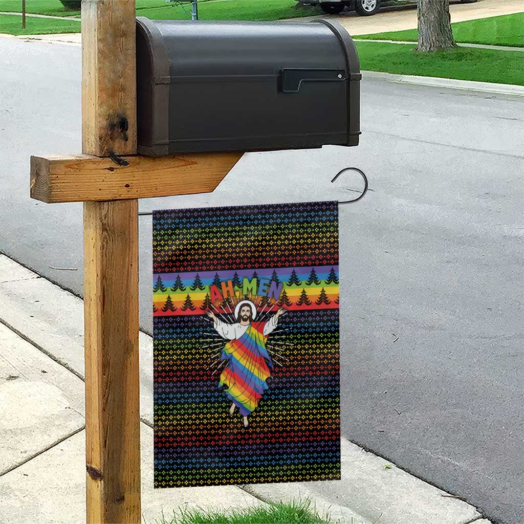 Rainbow Jesus Ah Men Christmas Garden Flag with Colorful Stripes and Holiday Pattern - Wonder Print Shop