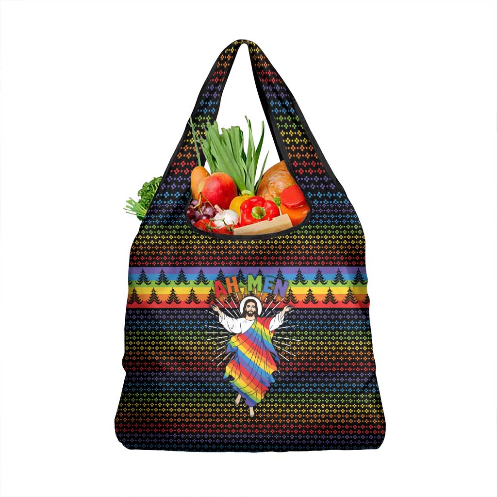 Rainbow Jesus Ah Men Christmas Grocery Bag with Colorful Stripes and Holiday Pattern - Wonder Print Shop
