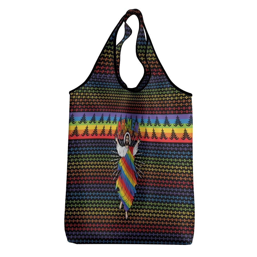 Rainbow Jesus Ah Men Christmas Grocery Bag with Colorful Stripes and Holiday Pattern - Wonder Print Shop