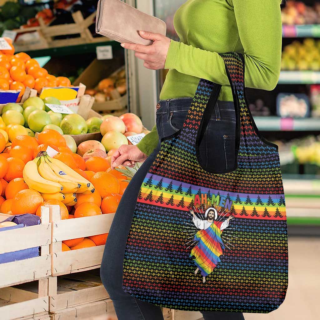 Rainbow Jesus Ah Men Christmas Grocery Bag with Colorful Stripes and Holiday Pattern - Wonder Print Shop
