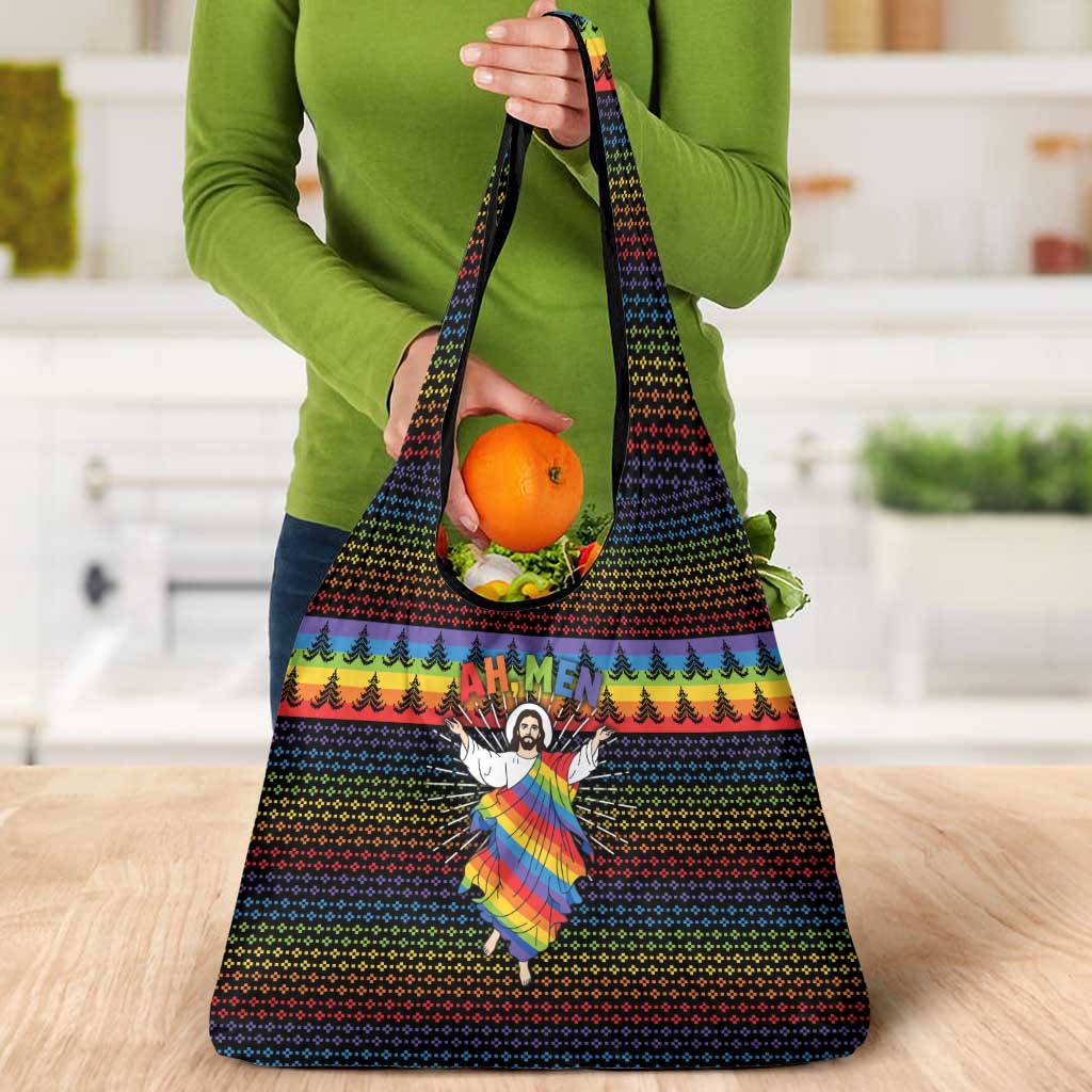 Rainbow Jesus Ah Men Christmas Grocery Bag with Colorful Stripes and Holiday Pattern - Wonder Print Shop