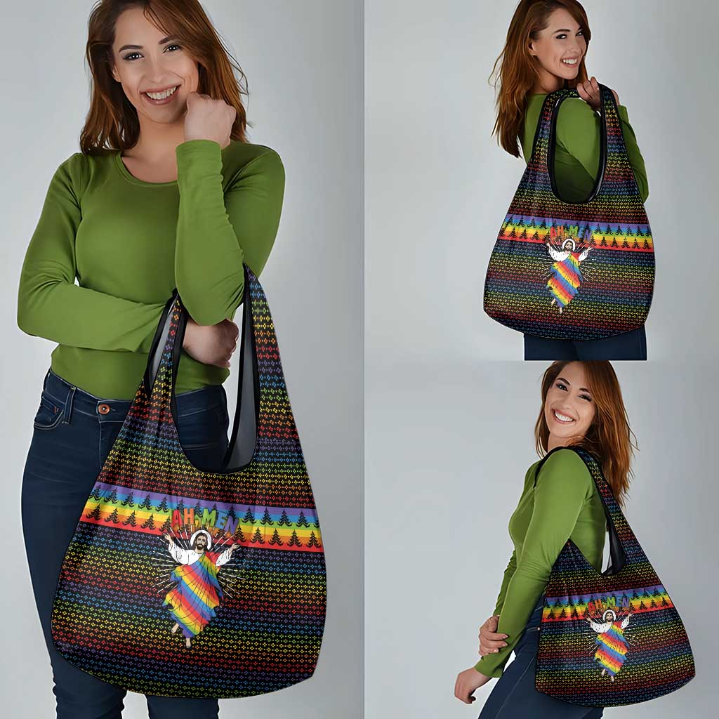 Rainbow Jesus Ah Men Christmas Grocery Bag with Colorful Stripes and Holiday Pattern - Wonder Print Shop