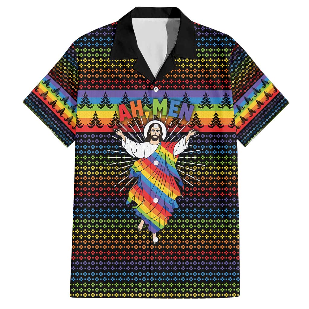 Rainbow Jesus Ah Men Christmas Hawaiian Shirt with Colorful Stripes and Holiday Pattern - Wonder Print Shop