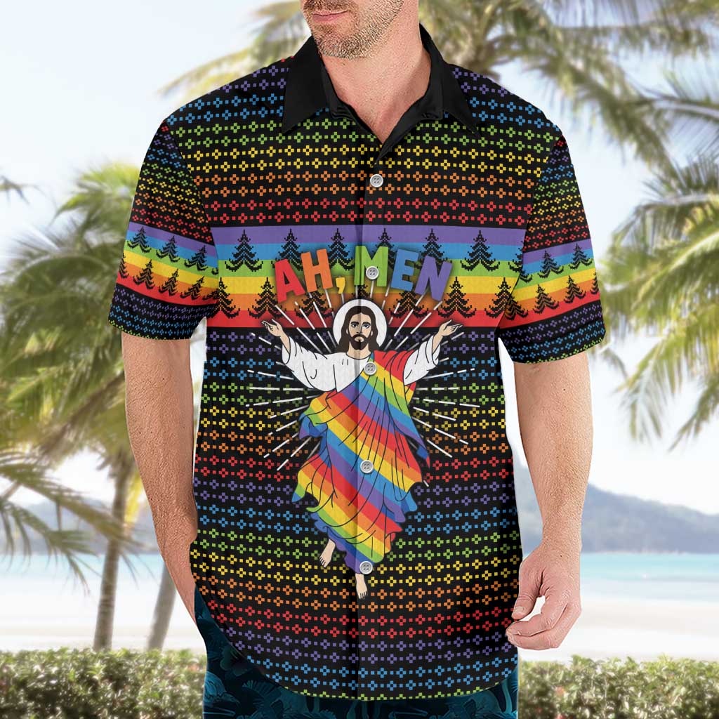 Rainbow Jesus Ah Men Christmas Hawaiian Shirt with Colorful Stripes and Holiday Pattern - Wonder Print Shop