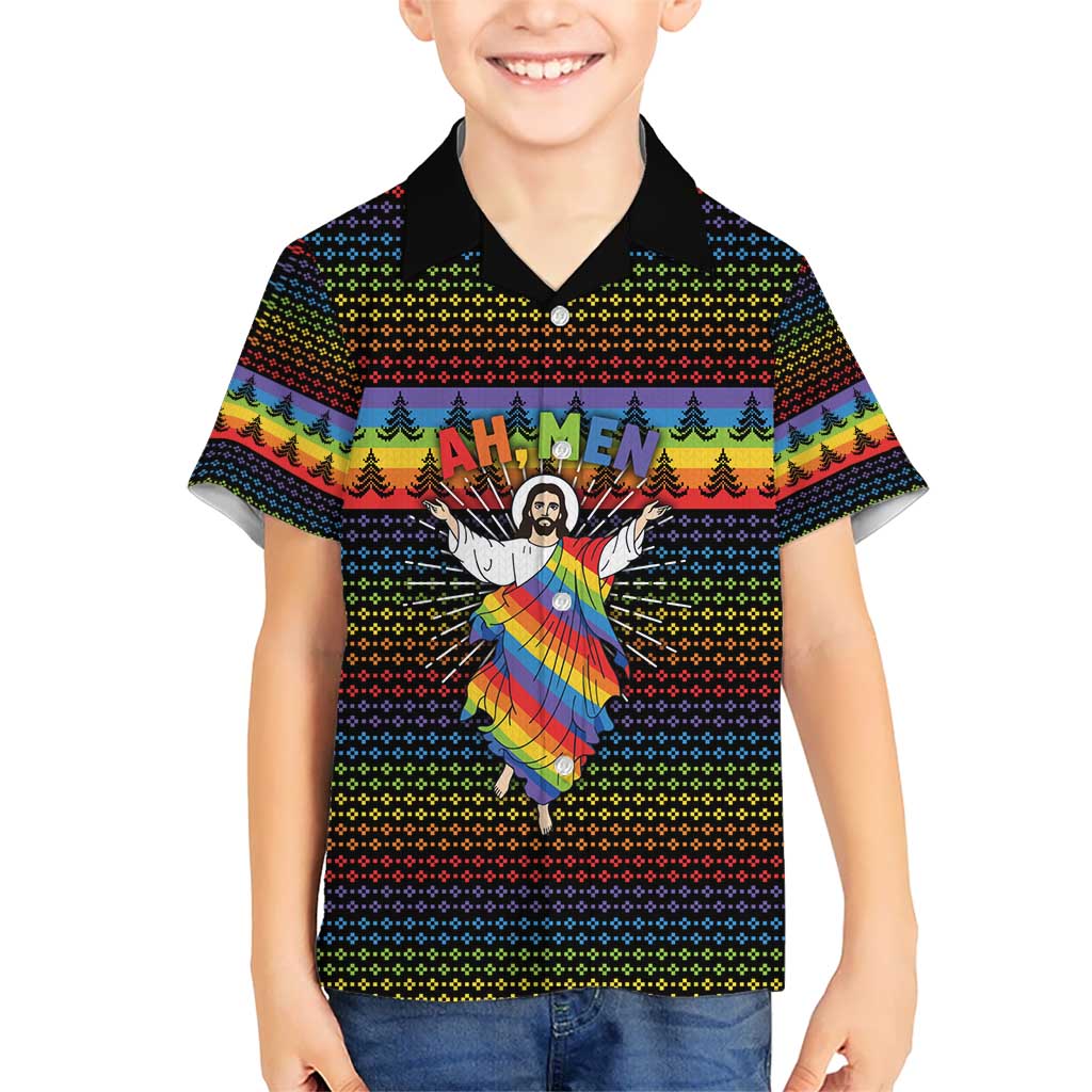 Rainbow Jesus Ah Men Christmas Hawaiian Shirt with Colorful Stripes and Holiday Pattern - Wonder Print Shop