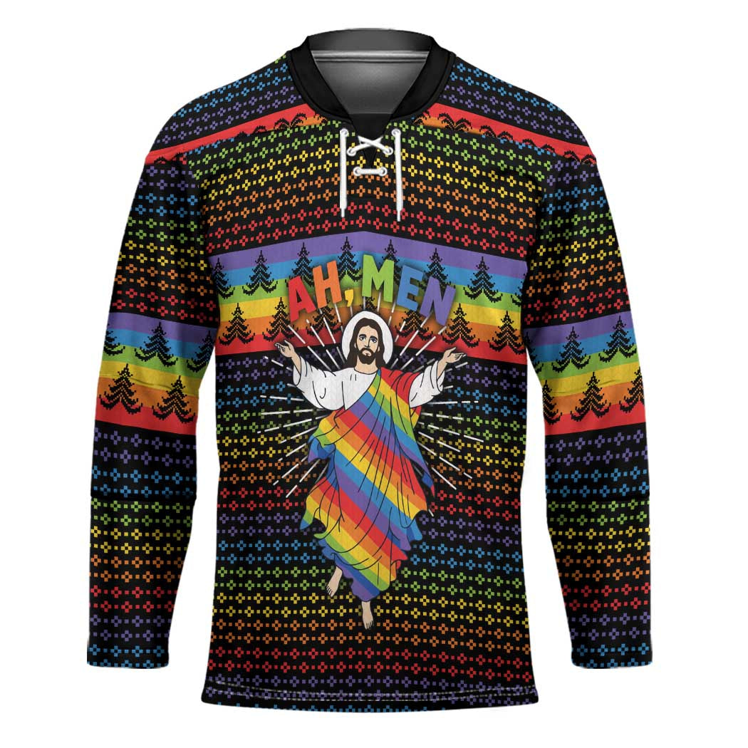 Rainbow Jesus Ah Men Christmas Hockey Jersey with Colorful Stripes and Holiday Pattern - Wonder Print Shop