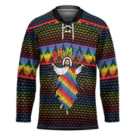 Rainbow Jesus Ah Men Christmas Hockey Jersey with Colorful Stripes and Holiday Pattern - Wonder Print Shop