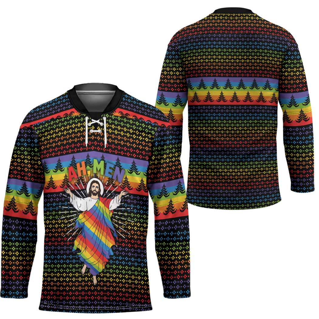Rainbow Jesus Ah Men Christmas Hockey Jersey with Colorful Stripes and Holiday Pattern - Wonder Print Shop