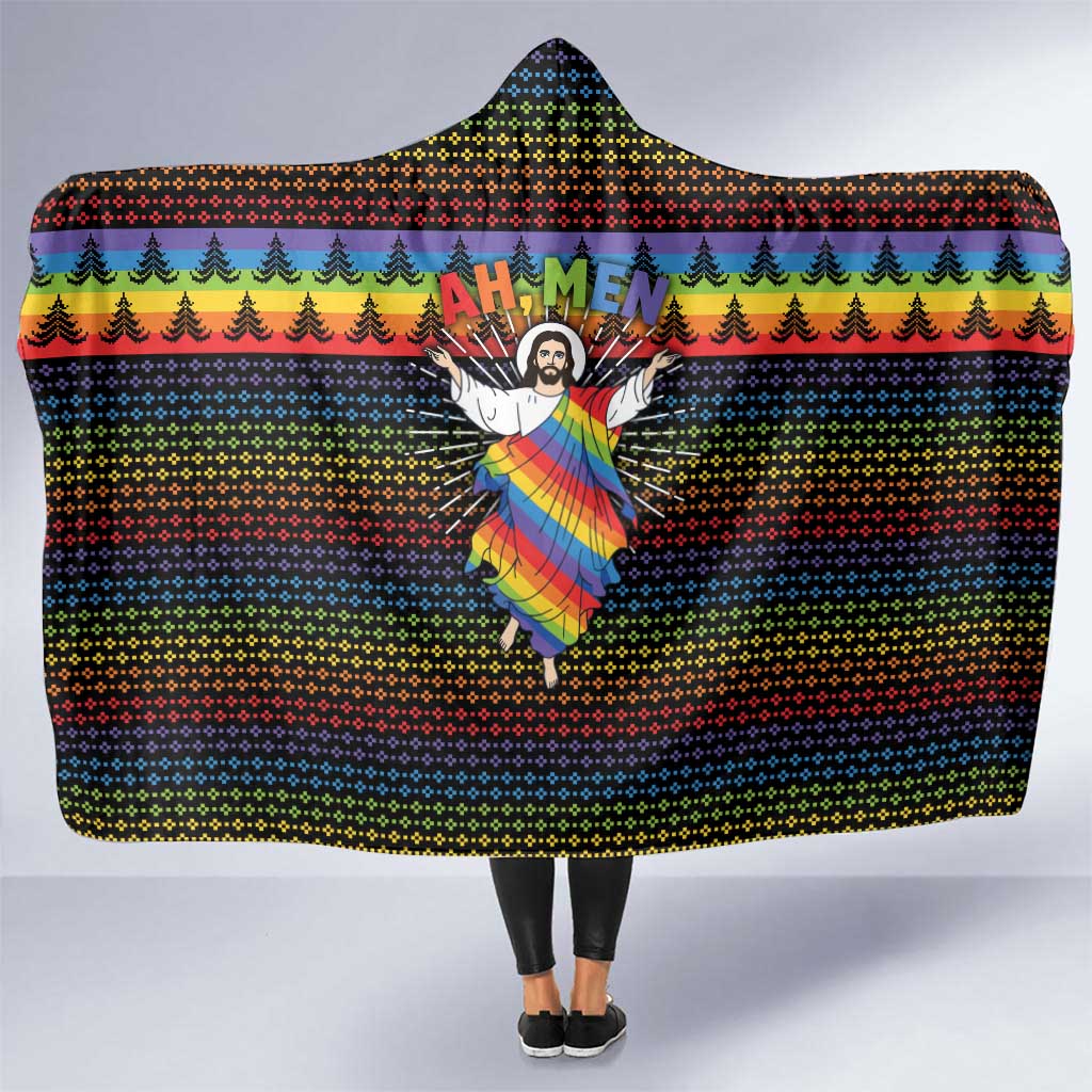 Rainbow Jesus Ah Men Christmas Hooded Blanket with Colorful Stripes and Holiday Pattern - Wonder Print Shop
