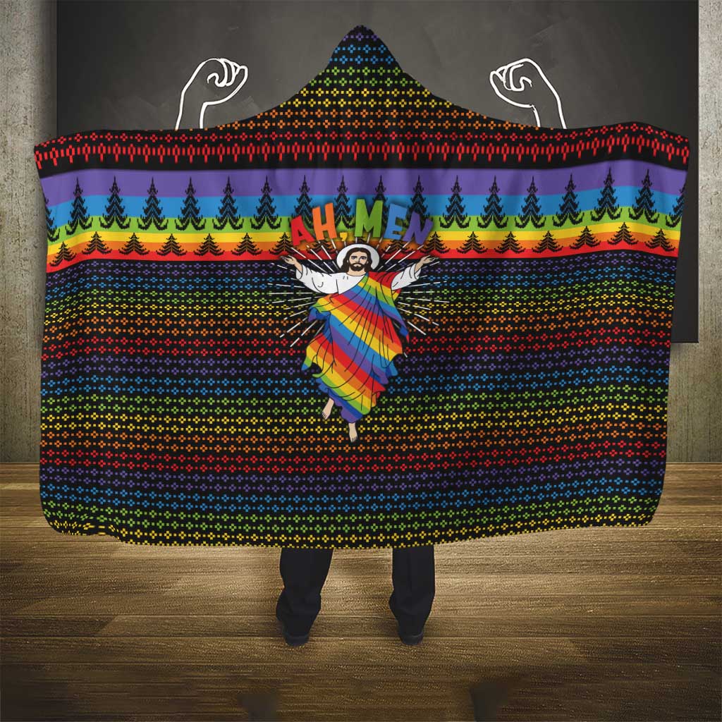 Rainbow Jesus Ah Men Christmas Hooded Blanket with Colorful Stripes and Holiday Pattern - Wonder Print Shop
