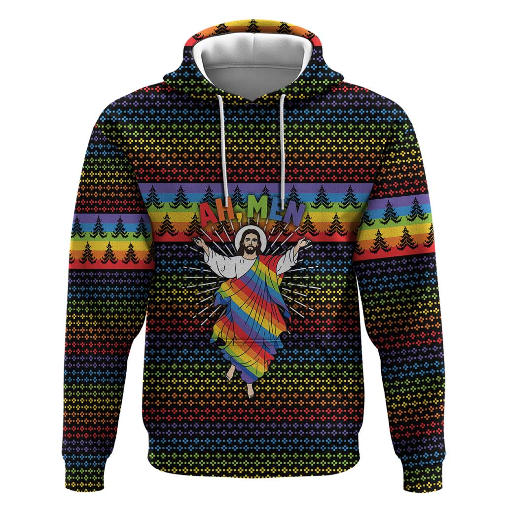 Rainbow Jesus Ah Men Christmas Hoodie with Colorful Stripes and Holiday Pattern - Wonder Print Shop