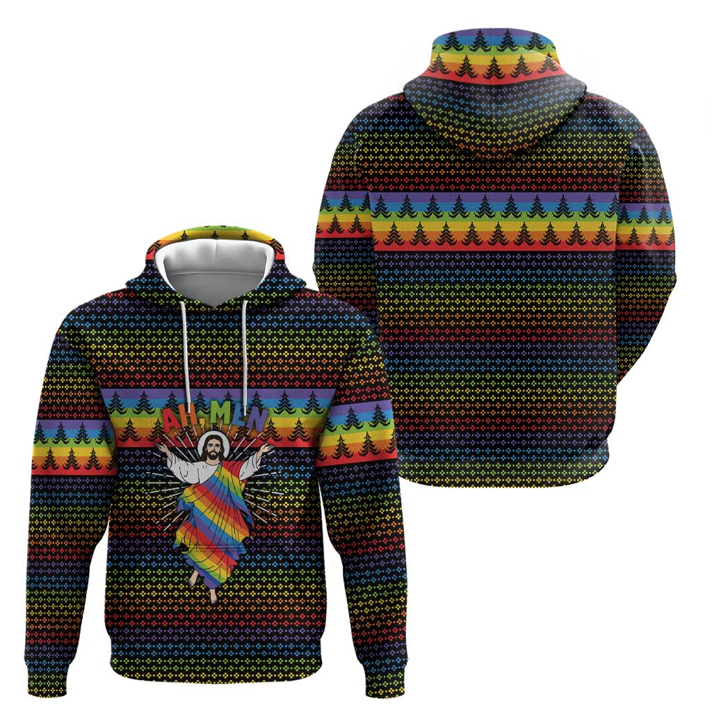 Rainbow Jesus Ah Men Christmas Hoodie with Colorful Stripes and Holiday Pattern - Wonder Print Shop