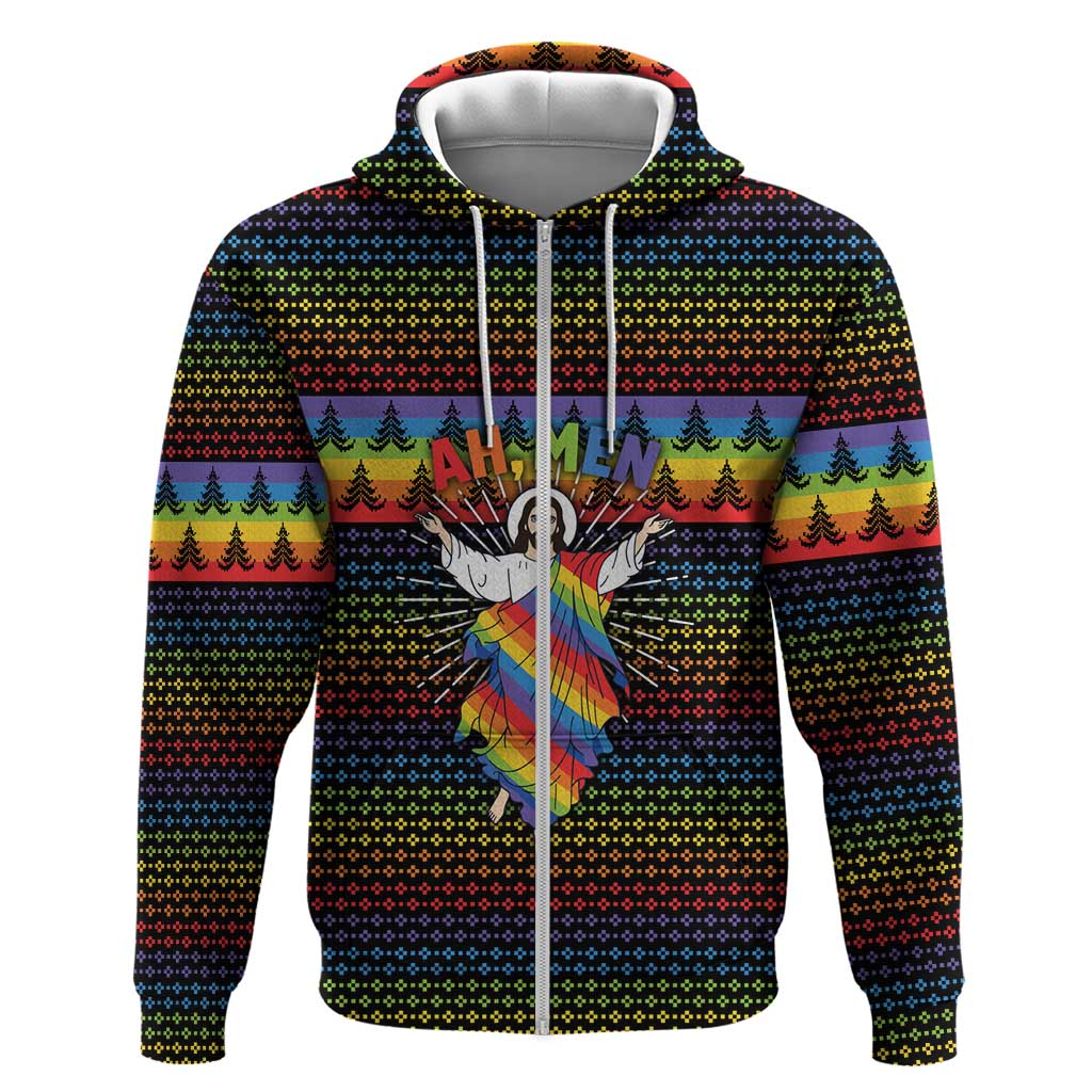 Rainbow Jesus Ah Men Christmas Hoodie with Colorful Stripes and Holiday Pattern - Wonder Print Shop