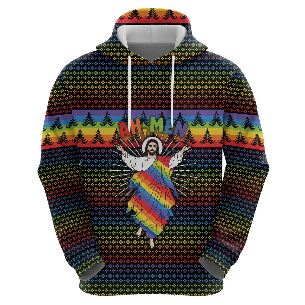 Rainbow Jesus Ah Men Christmas Hoodie with Colorful Stripes and Holiday Pattern - Wonder Print Shop
