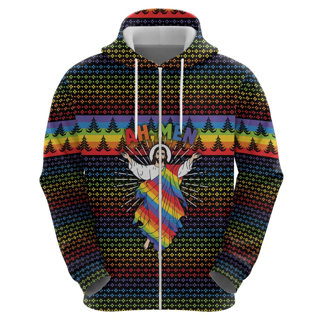 Rainbow Jesus Ah Men Christmas Hoodie with Colorful Stripes and Holiday Pattern - Wonder Print Shop