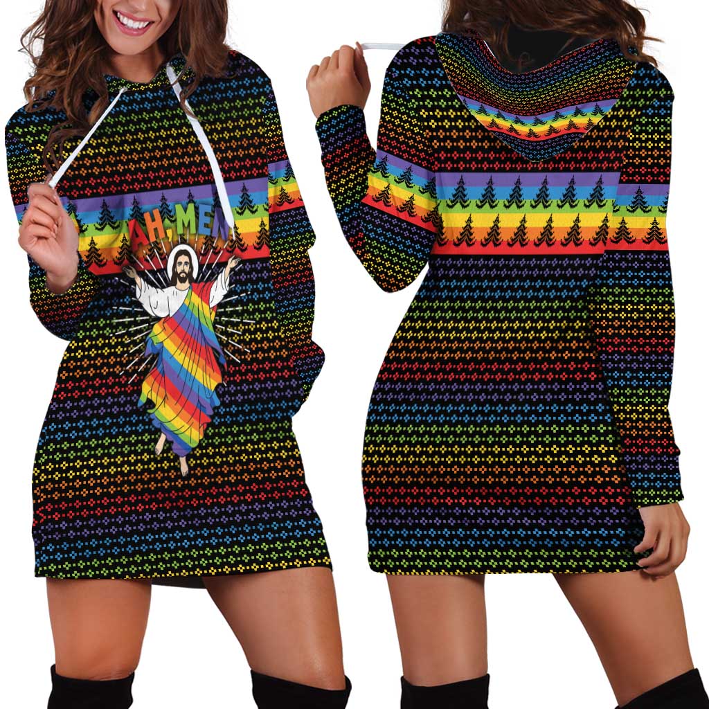 Rainbow Jesus Ah Men Christmas Hoodie Dress with Colorful Stripes and Holiday Pattern - Wonder Print Shop