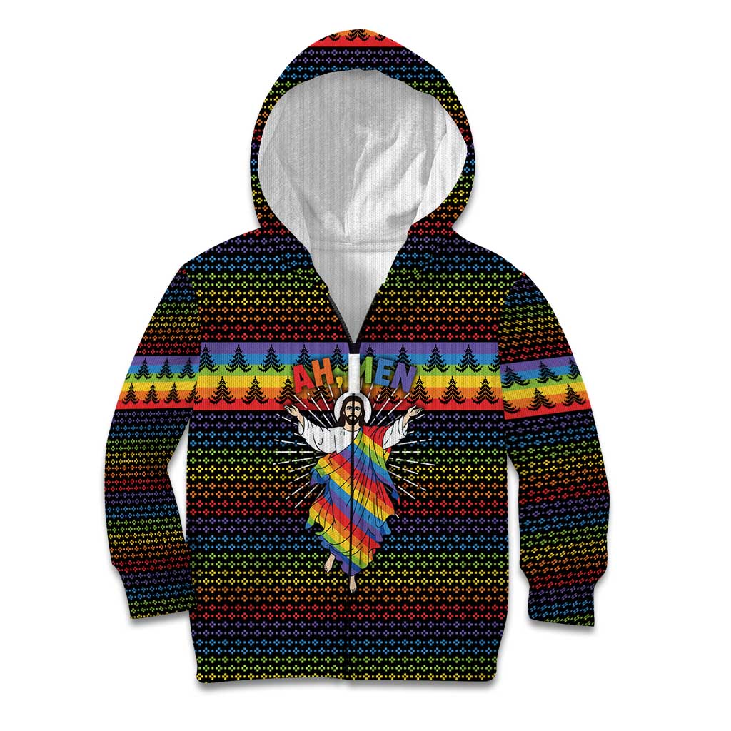 Rainbow Jesus Ah Men Christmas Kid Hoodie with Colorful Stripes and Holiday Pattern - Wonder Print Shop