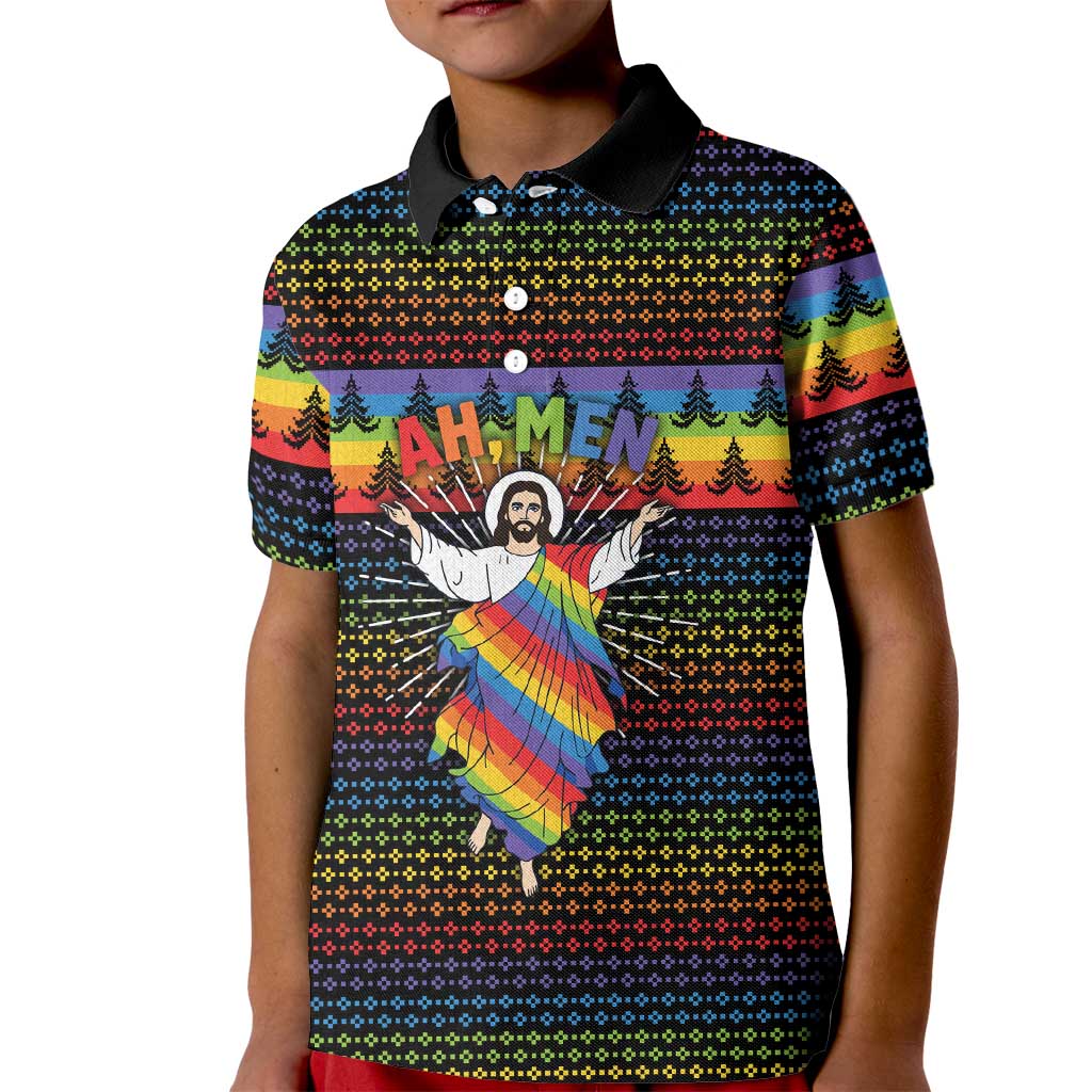 Rainbow Jesus Ah Men Christmas Kid Polo Shirt with Colorful Stripes and Holiday Pattern - Wonder Print Shop