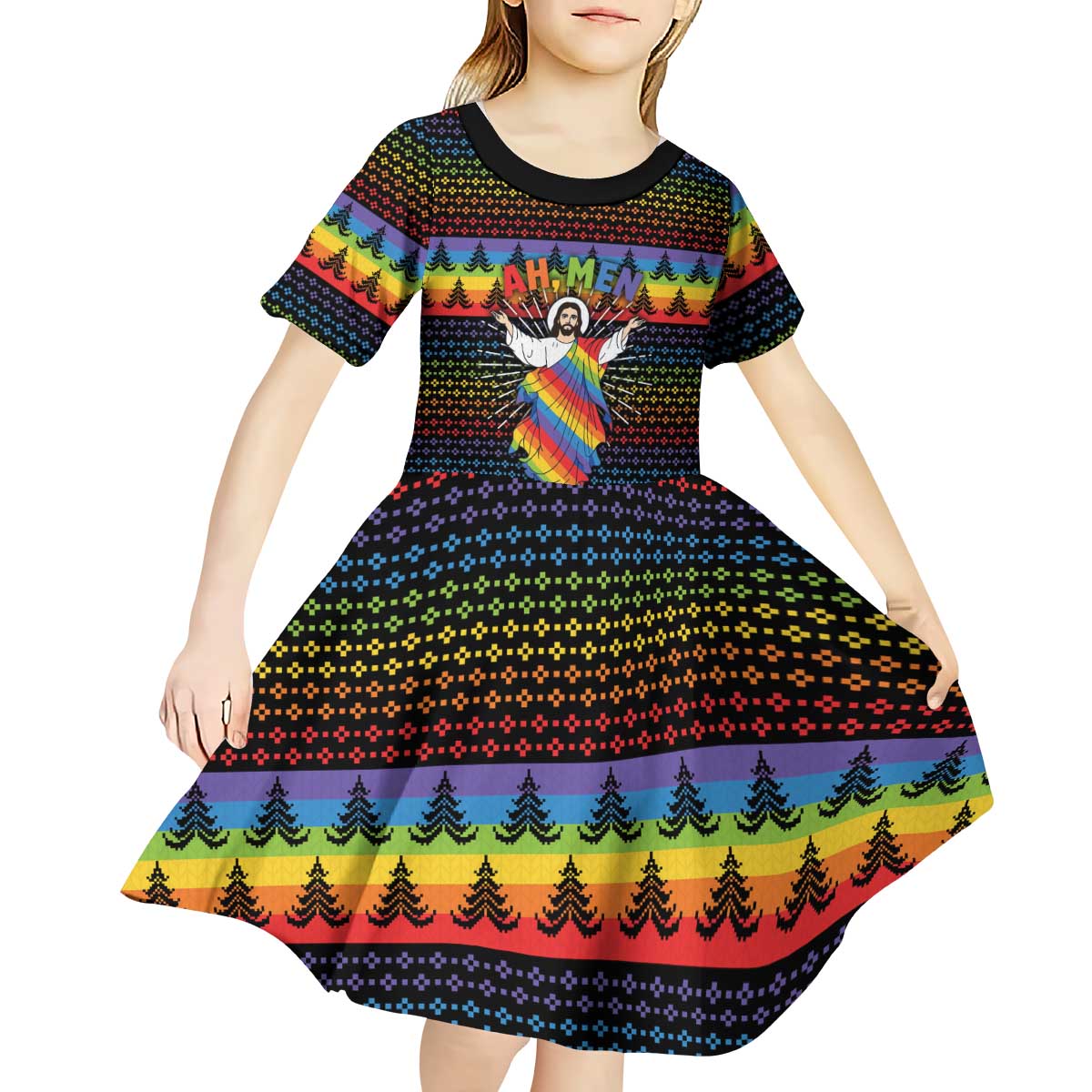 Rainbow Jesus Ah Men Christmas Kid Short Sleeve Dress with Colorful Stripes and Holiday Pattern - Wonder Print Shop