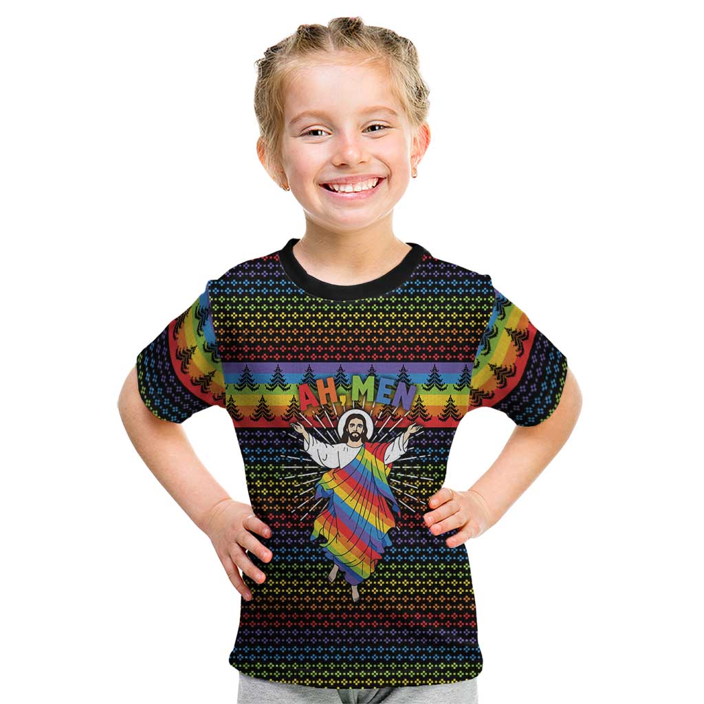 Rainbow Jesus Ah Men Christmas Kid T Shirt with Colorful Stripes and Holiday Pattern - Wonder Print Shop