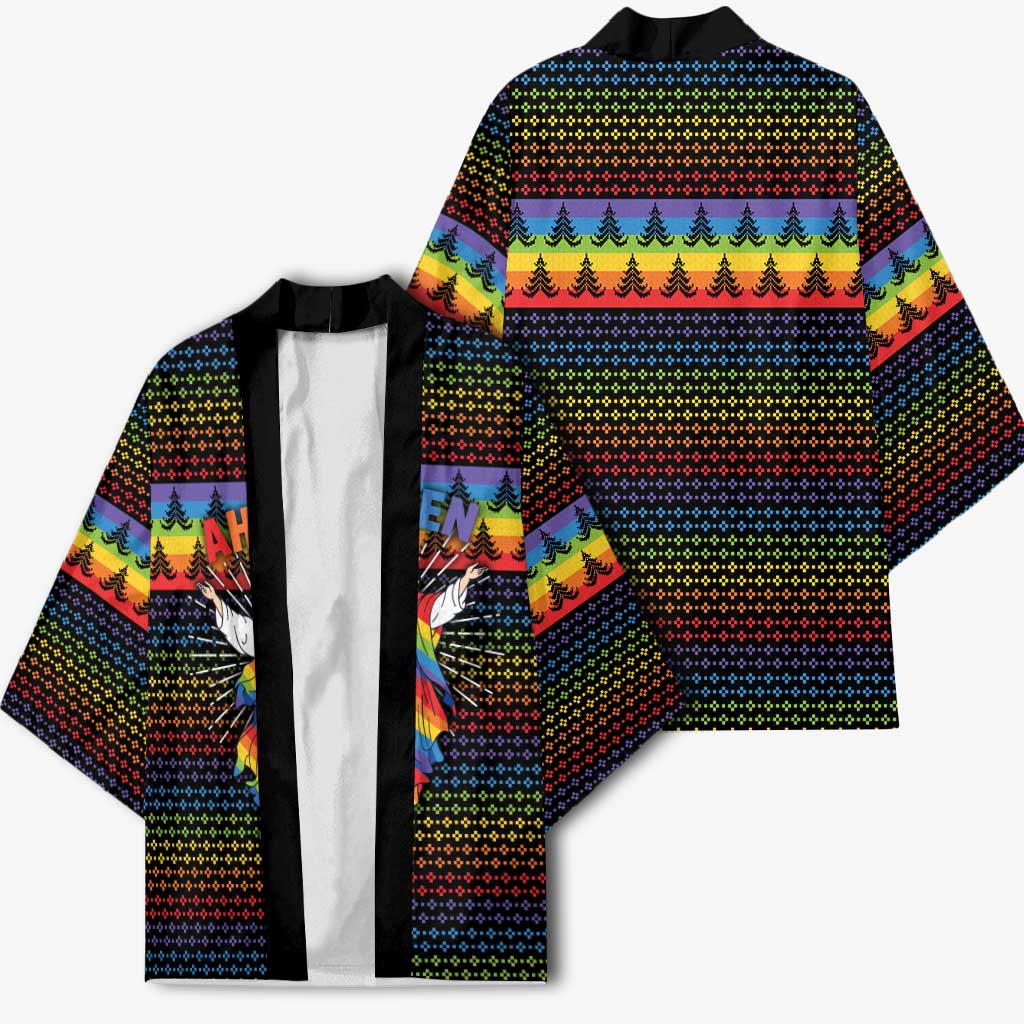 Rainbow Jesus Ah Men Christmas Kimono with Colorful Stripes and Holiday Pattern - Wonder Print Shop