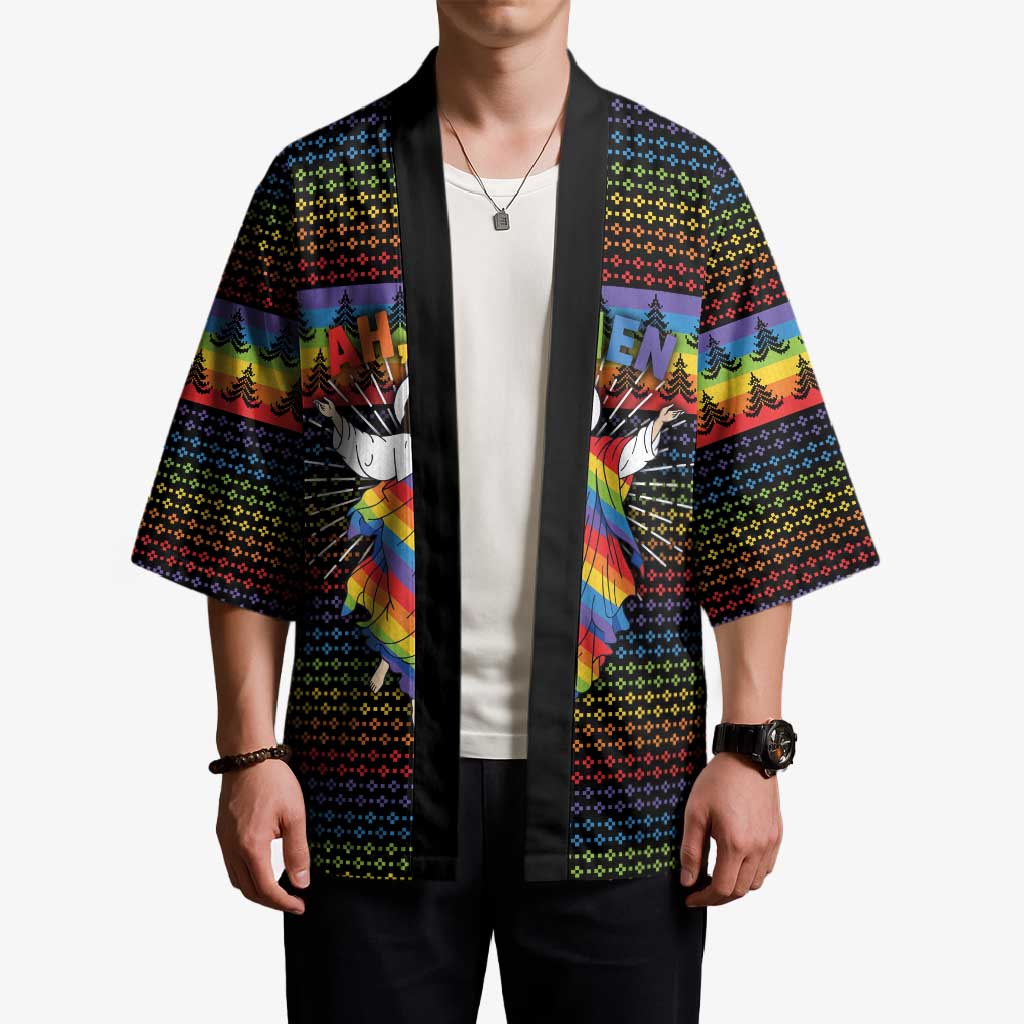Rainbow Jesus Ah Men Christmas Kimono with Colorful Stripes and Holiday Pattern - Wonder Print Shop