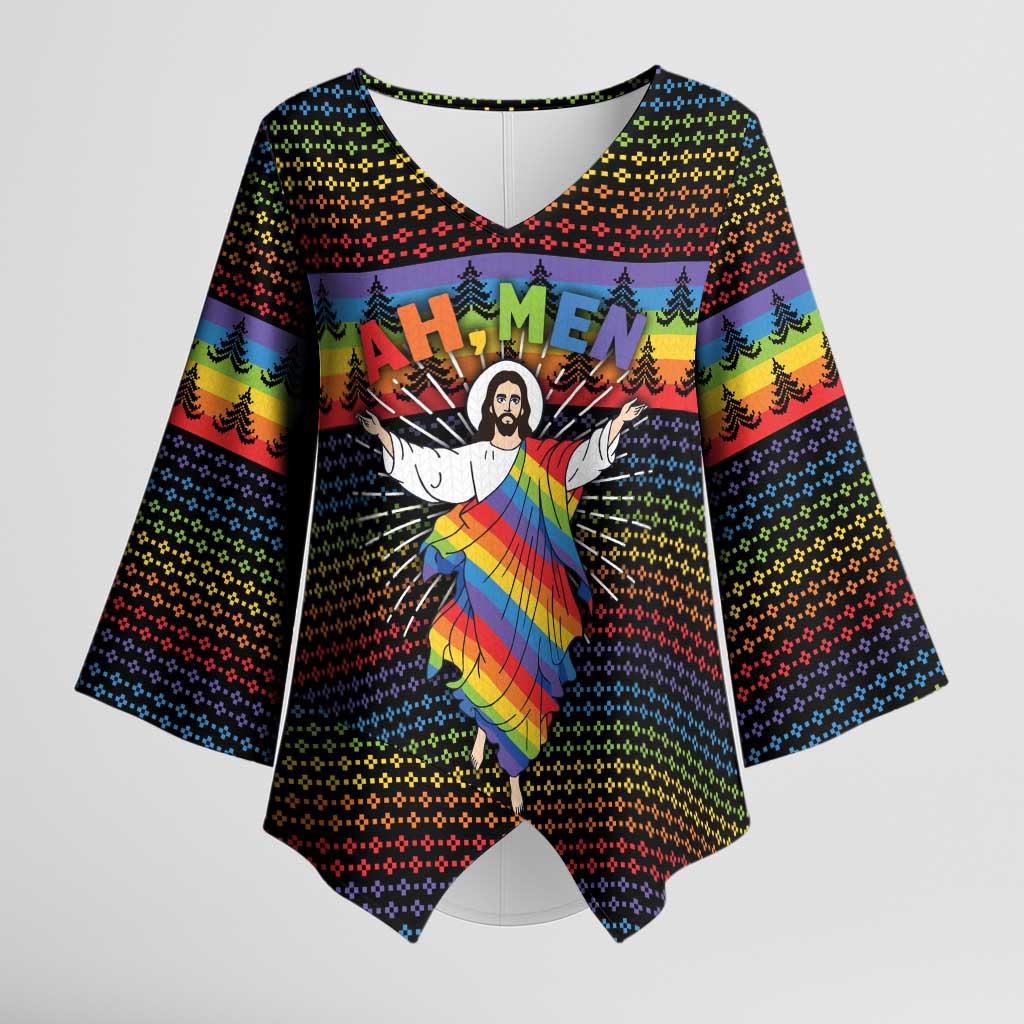 Rainbow Jesus Ah Men Christmas Kimono Sleeve Blouse with Colorful Stripes and Holiday Pattern - Wonder Print Shop