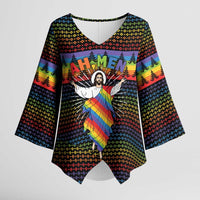 Rainbow Jesus Ah Men Christmas Kimono Sleeve Blouse with Colorful Stripes and Holiday Pattern - Wonder Print Shop