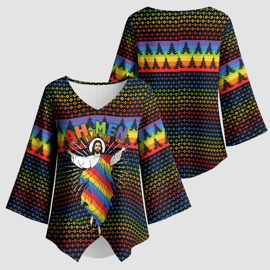 Rainbow Jesus Ah Men Christmas Kimono Sleeve Blouse with Colorful Stripes and Holiday Pattern - Wonder Print Shop