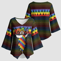 Rainbow Jesus Ah Men Christmas Kimono Sleeve Blouse with Colorful Stripes and Holiday Pattern - Wonder Print Shop