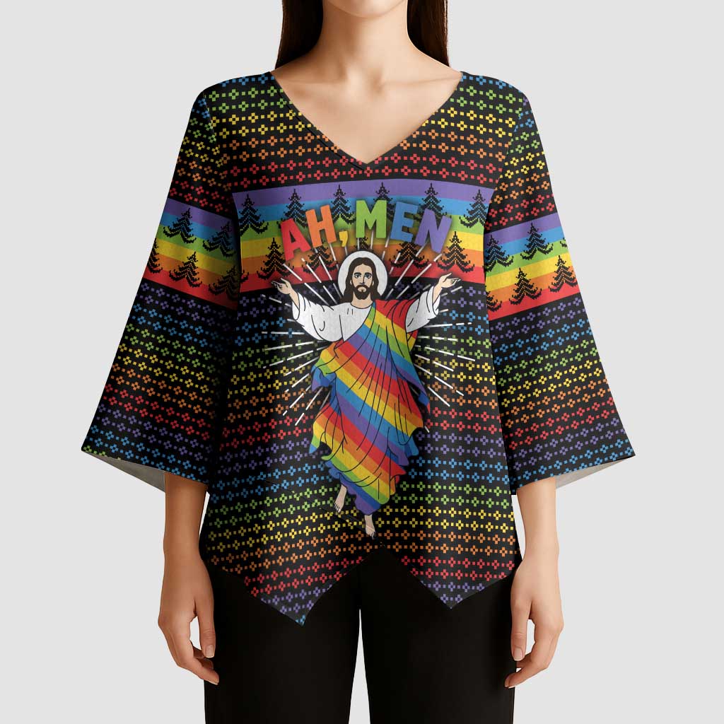 Rainbow Jesus Ah Men Christmas Kimono Sleeve Blouse with Colorful Stripes and Holiday Pattern - Wonder Print Shop