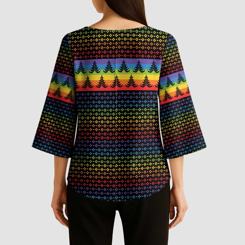 Rainbow Jesus Ah Men Christmas Kimono Sleeve Blouse with Colorful Stripes and Holiday Pattern - Wonder Print Shop