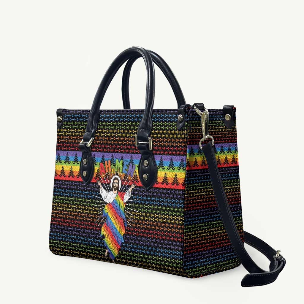 Rainbow Jesus Ah Men Christmas Leather Bag with Colorful Stripes and Holiday Pattern - Wonder Print Shop