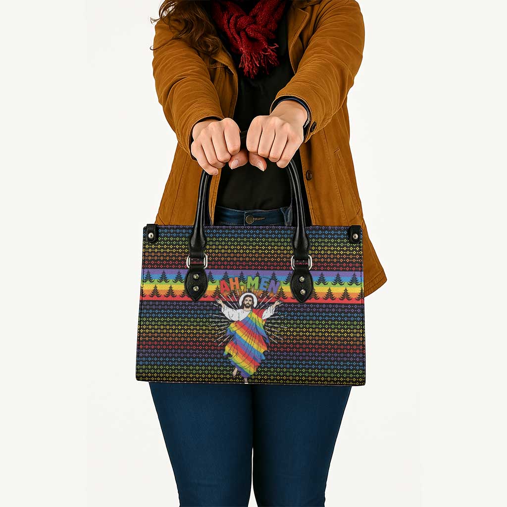 Rainbow Jesus Ah Men Christmas Leather Bag with Colorful Stripes and Holiday Pattern - Wonder Print Shop